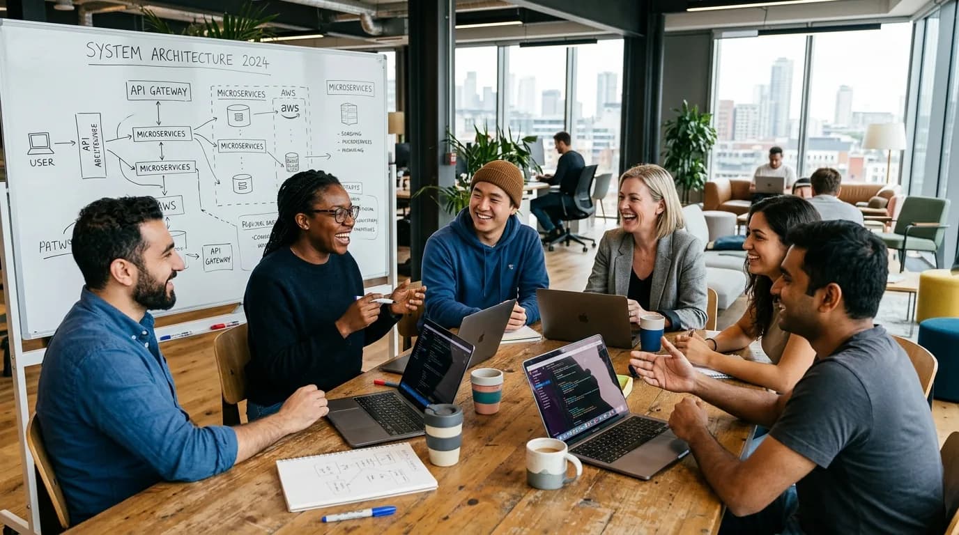 TruVixoo engineering team collaborating together in a creative workspace
