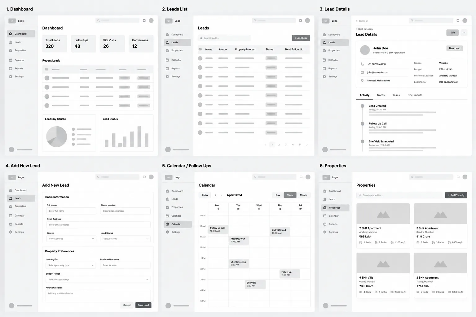 Real Estate CRM Wireframe Dashboard